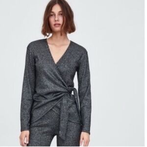 Zara Shimmering Silver Black Ribbed Wrap Top Long Sleeve Size Medium